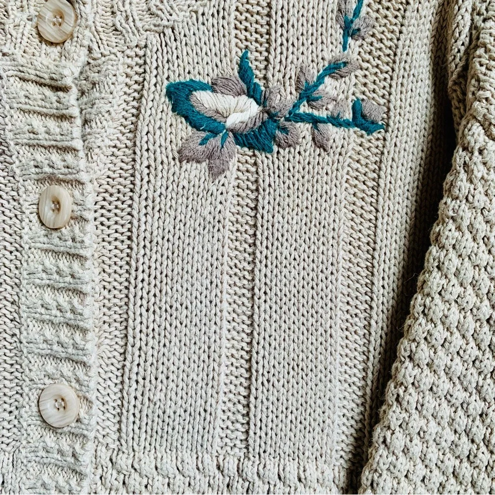 VTG Autograph American Ramie Cotton Tan Beige Knit Embroidered Cardigan Sweater - Picture 8 of 11
